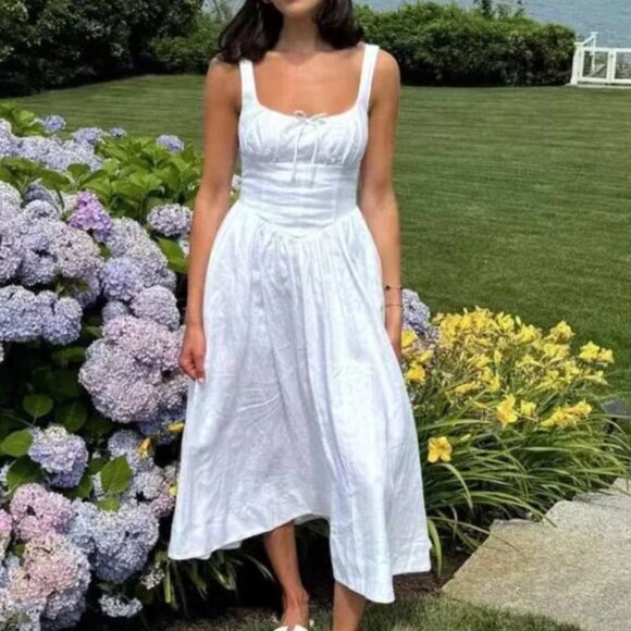 BEST Reformation Balia Linen Midi Dress Sz0 White Linen Bow Sleeveless Classic - Picture 5 of 10